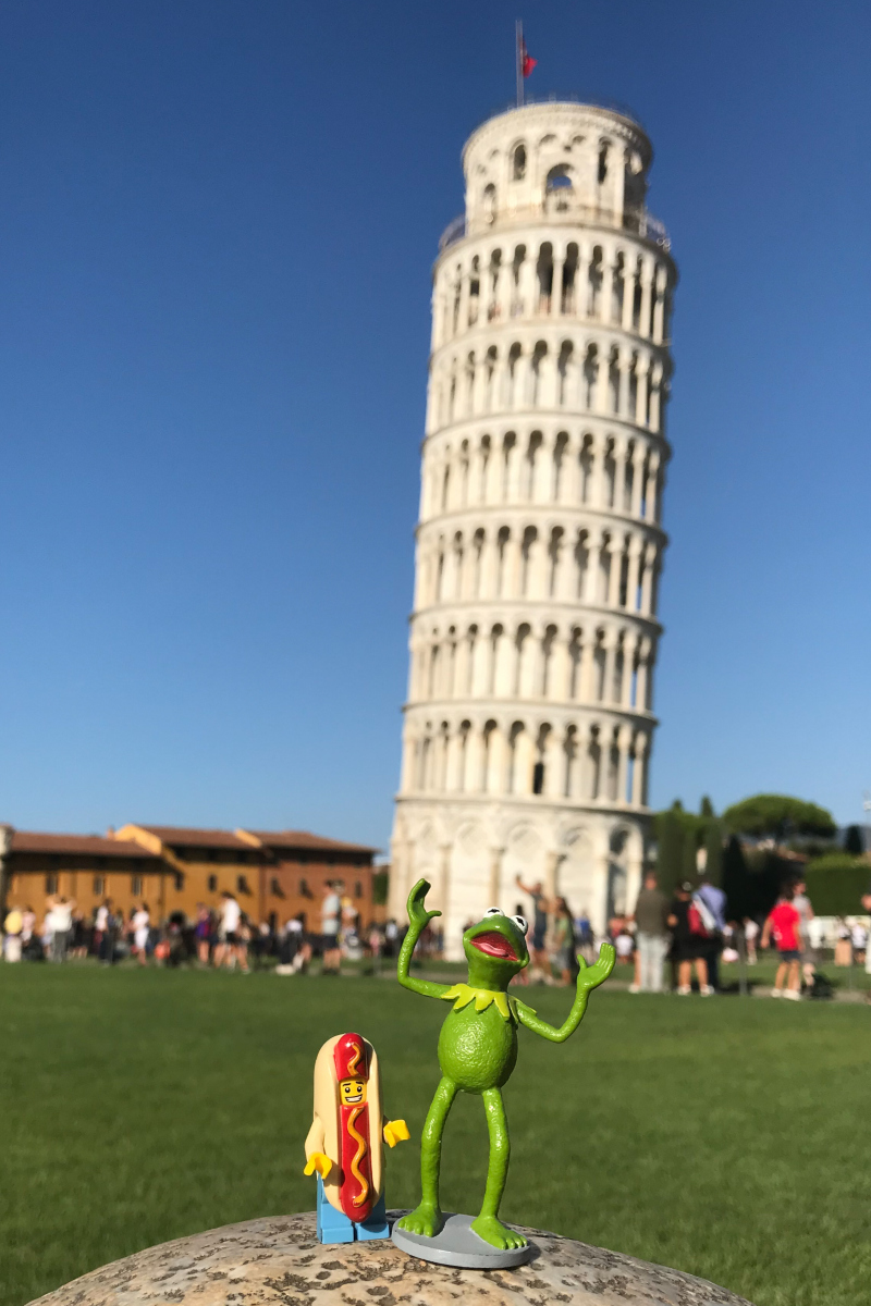 Kermit and Mr Hot Dog Lego Guy Posing with Leaning Tower of Pisa