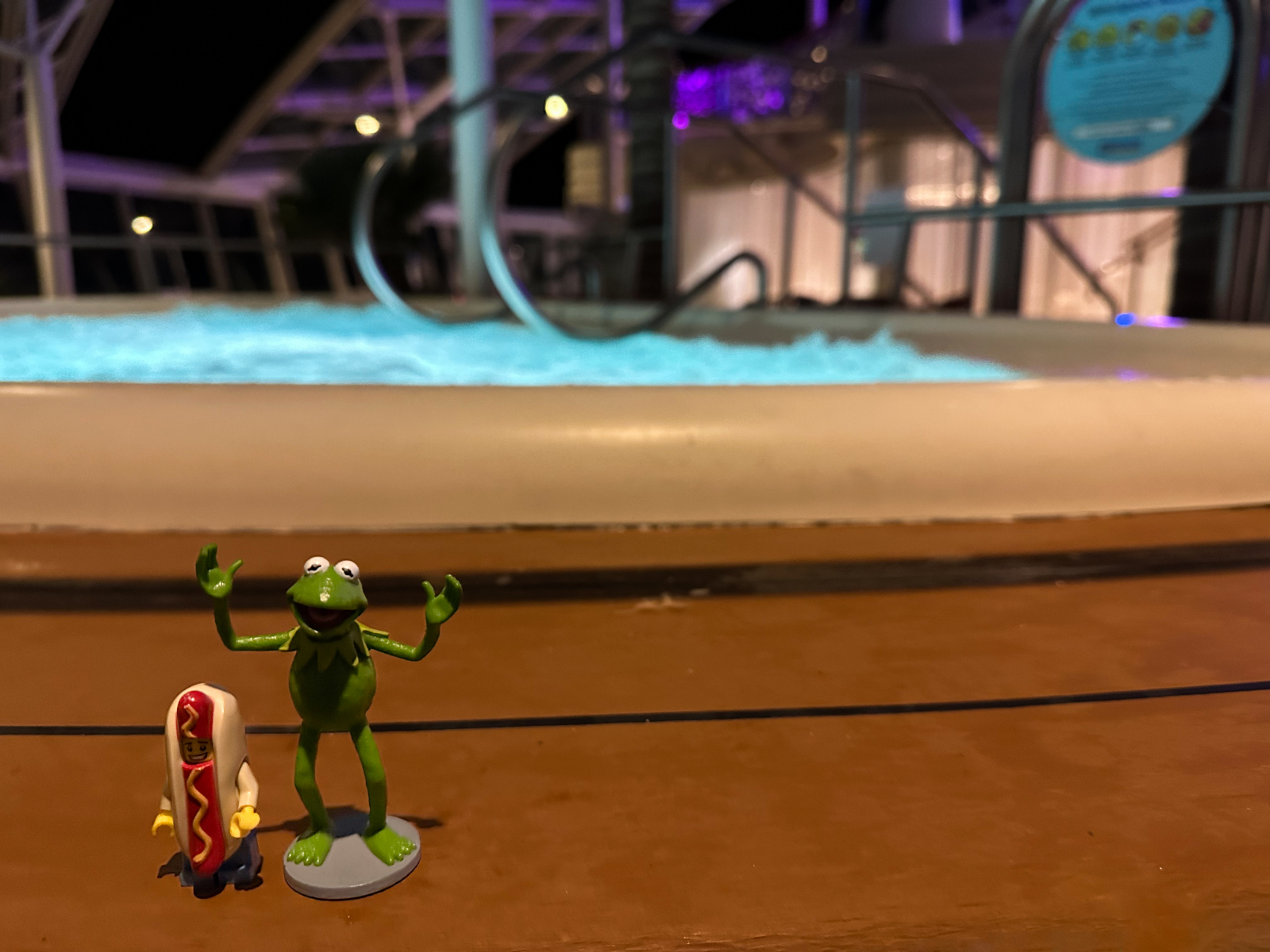 Kermit and Mr Hot Dog Lego Guy check out a Hot Tub on Royal Cari