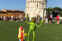 Kermit and Mr Hot Dog Lego Guy Posing with Leaning Tower of Pisa