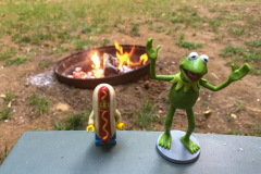 Kermit and Mr Hot Dog Lego Guy Have A Campfire While Camping