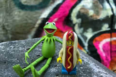 Kermit and Mr Hot Dog Lego Guy posing in front of some Graffiti